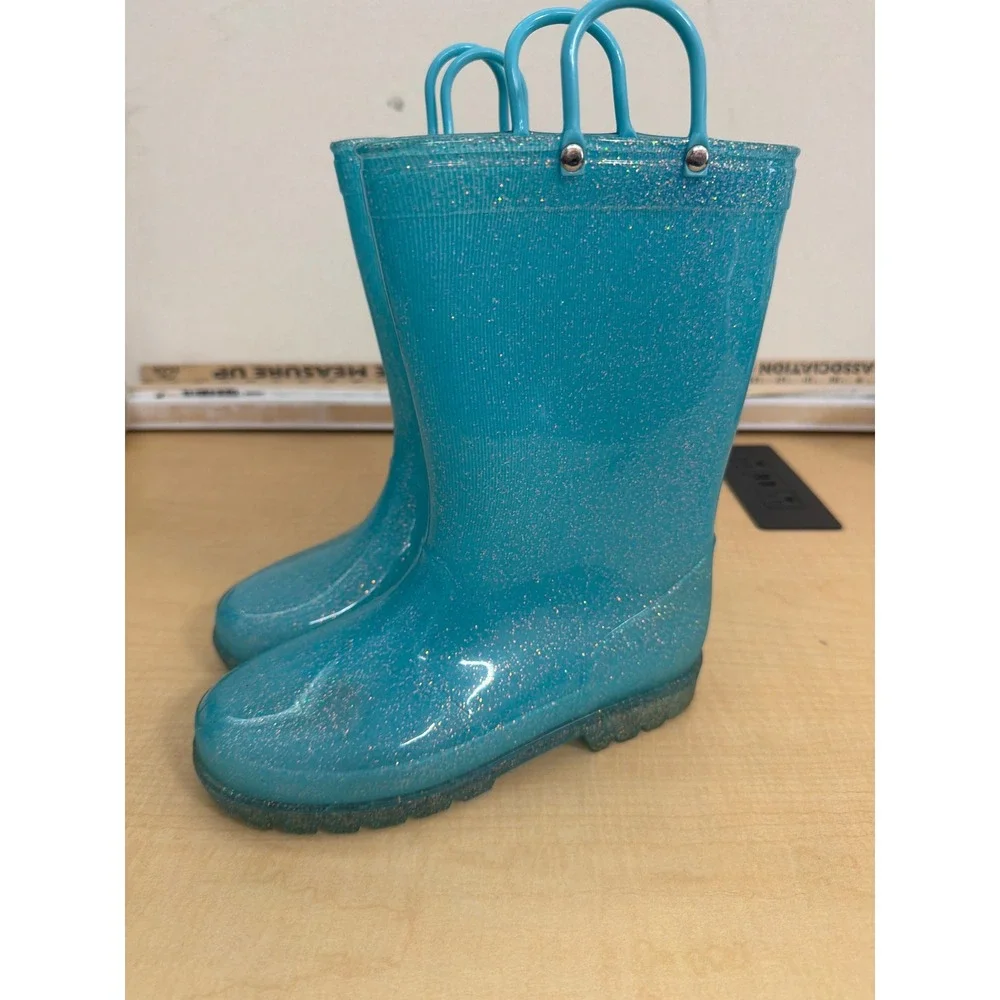 Toddler Turquoise Blue Glitter Jelly Rain Boots Waterproof Pull On Size 3